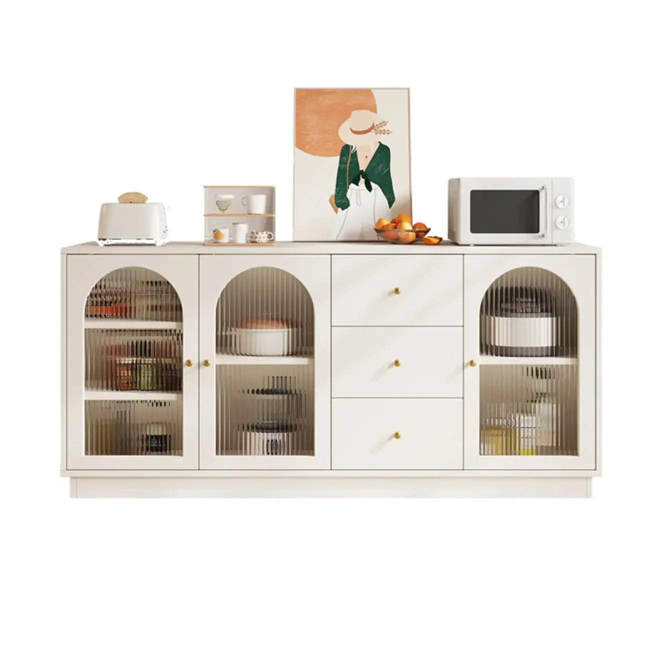 Buffet élégant en bois et verre arqué, réglable, avec 3 tiroirs