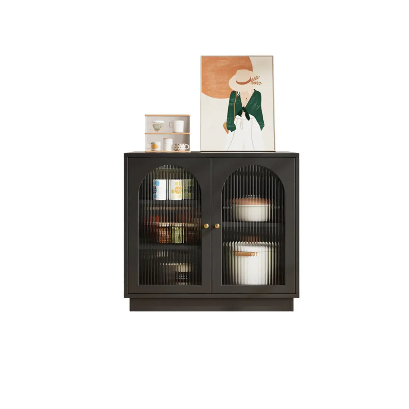Buffet élégant en bois et verre arqué, réglable, avec 3 tiroirs
