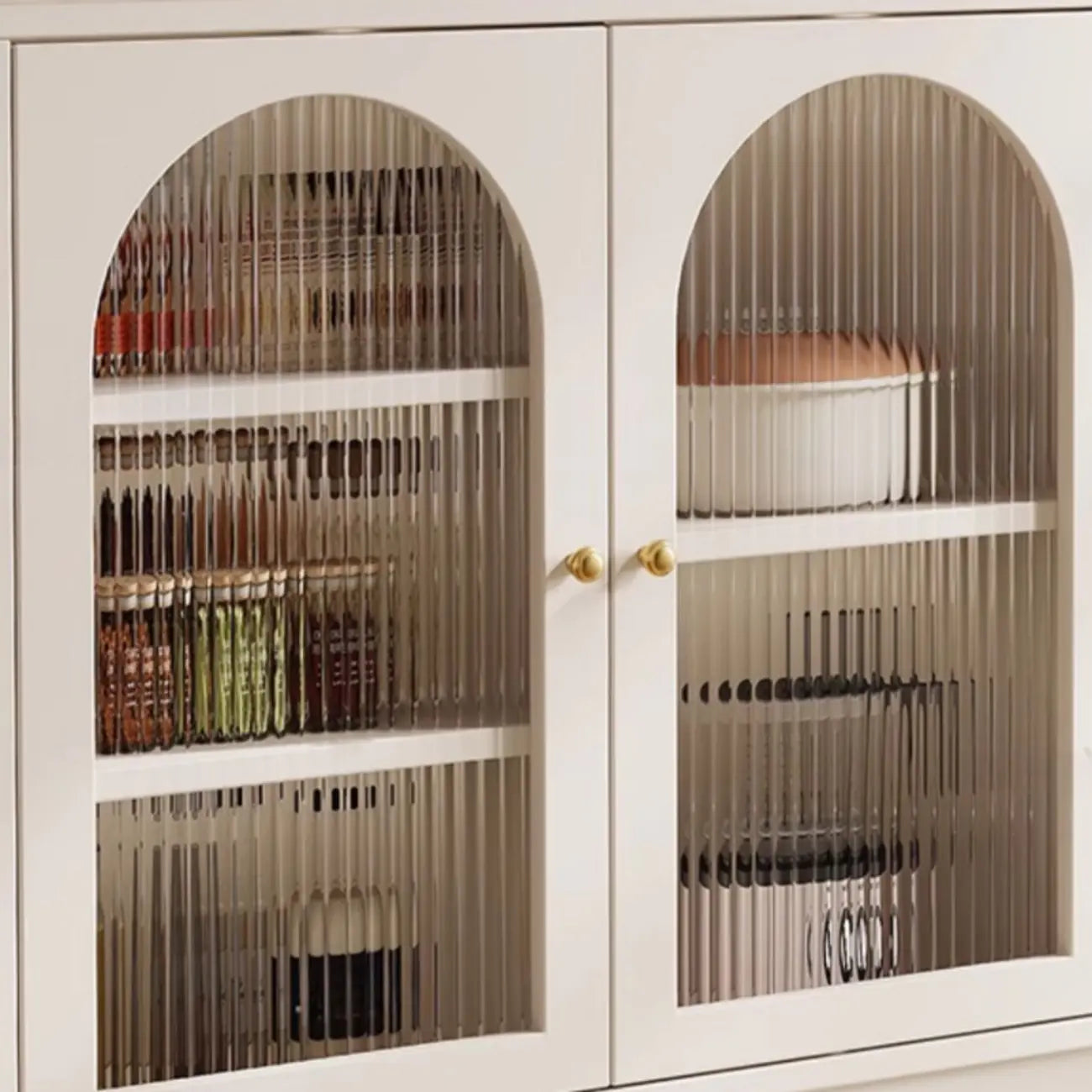 Buffet élégant en bois et verre arqué, réglable, avec 3 tiroirs