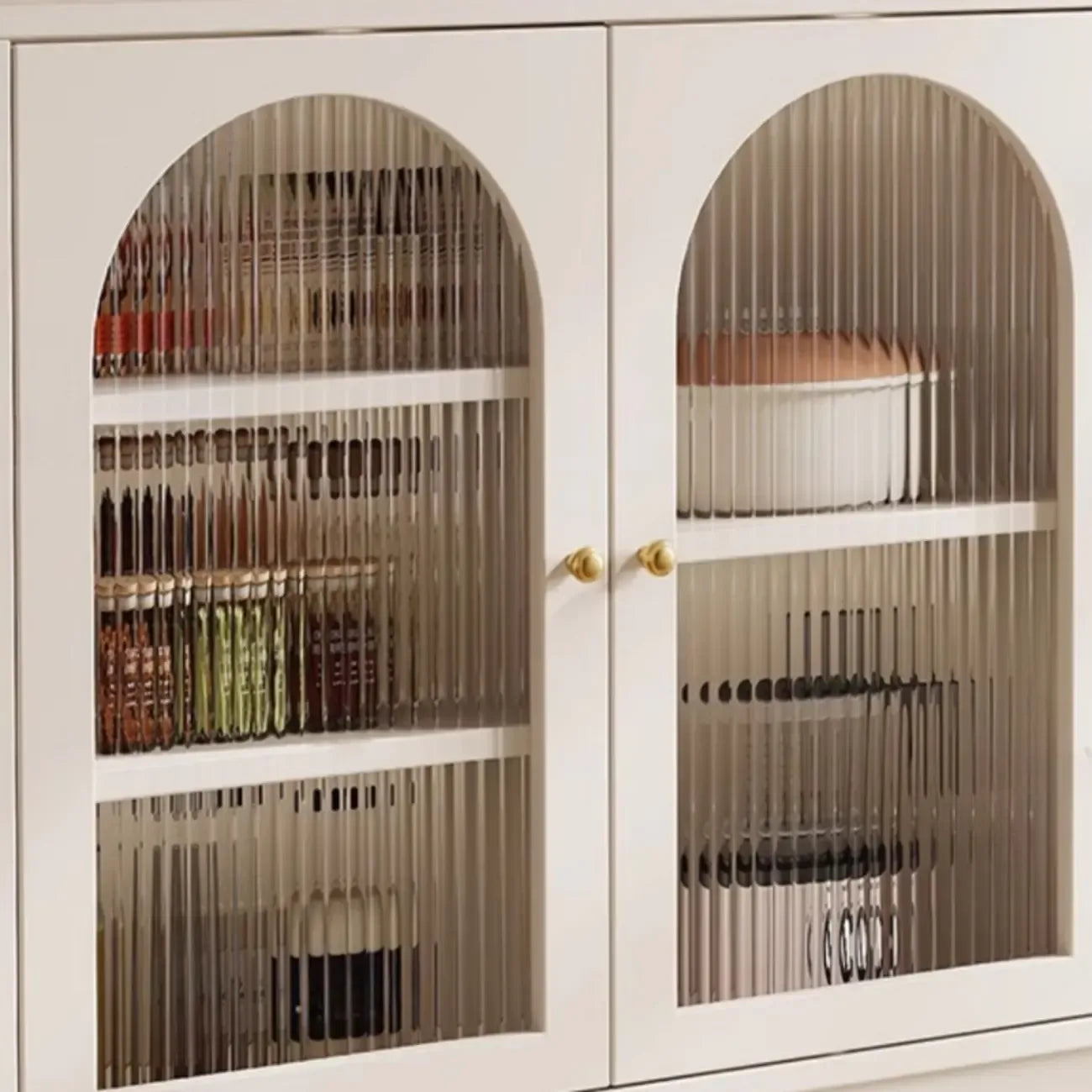 Buffet élégant en bois et verre arqué, réglable, avec 3 tiroirs