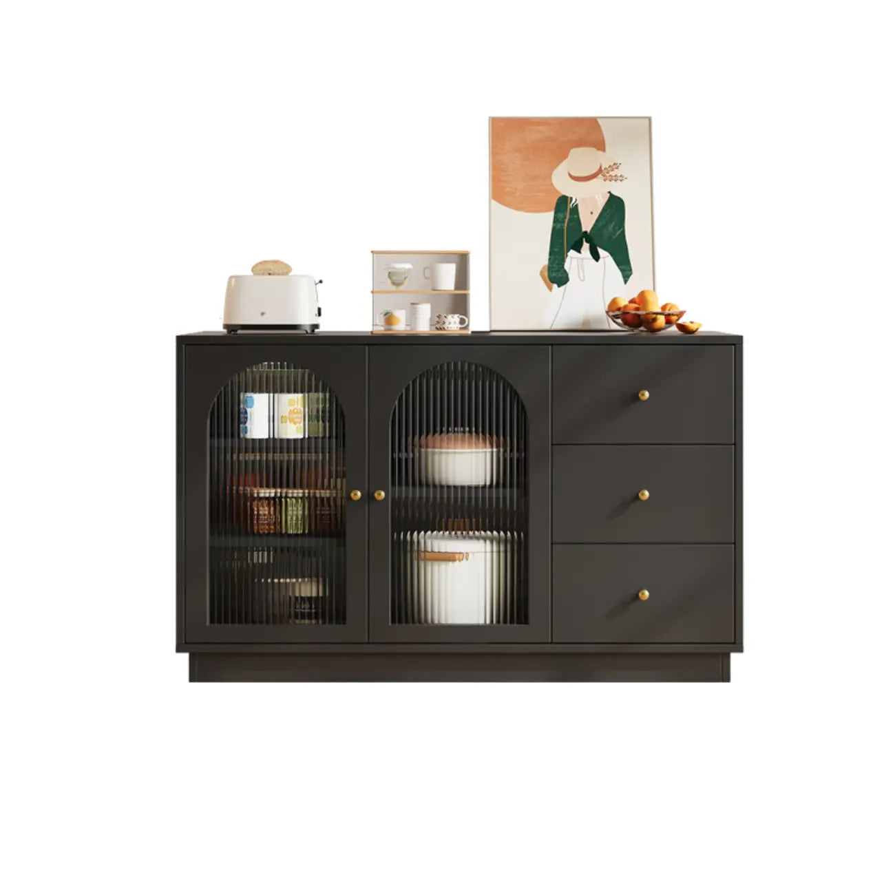 Buffet élégant en bois et verre arqué, réglable, avec 3 tiroirs
