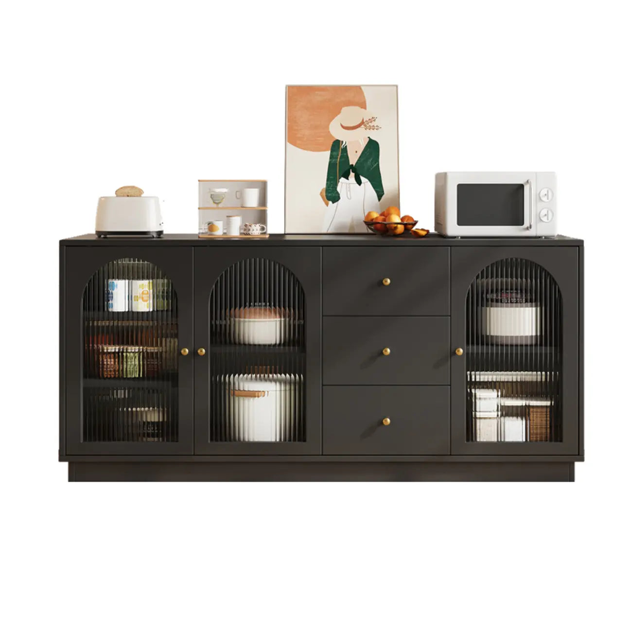 Buffet élégant en bois et verre arqué, réglable, avec 3 tiroirs
