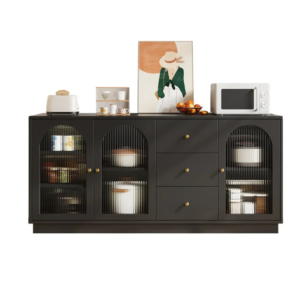Buffet élégant en bois et verre arqué, réglable, avec 3 tiroirs