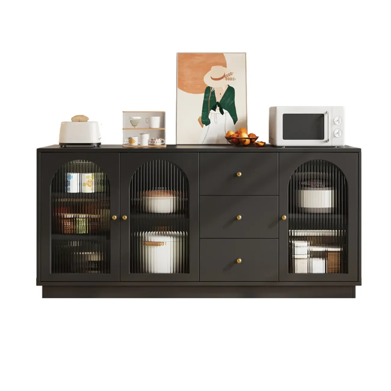 Buffet élégant en bois et verre arqué, réglable, avec 3 tiroirs