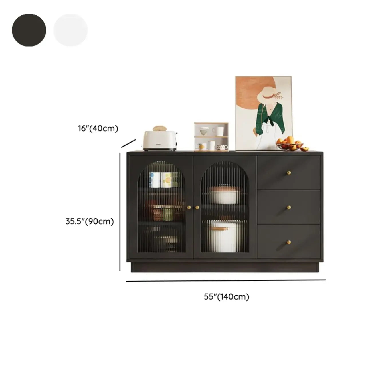 Buffet élégant en bois et verre arqué, réglable, avec 3 tiroirs