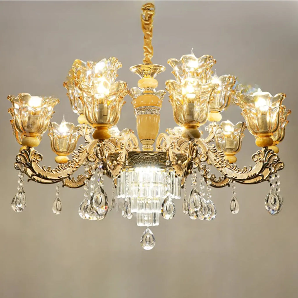 Lampadario regolabile di lusso a forma di fiore dorato con vetro trasparente
