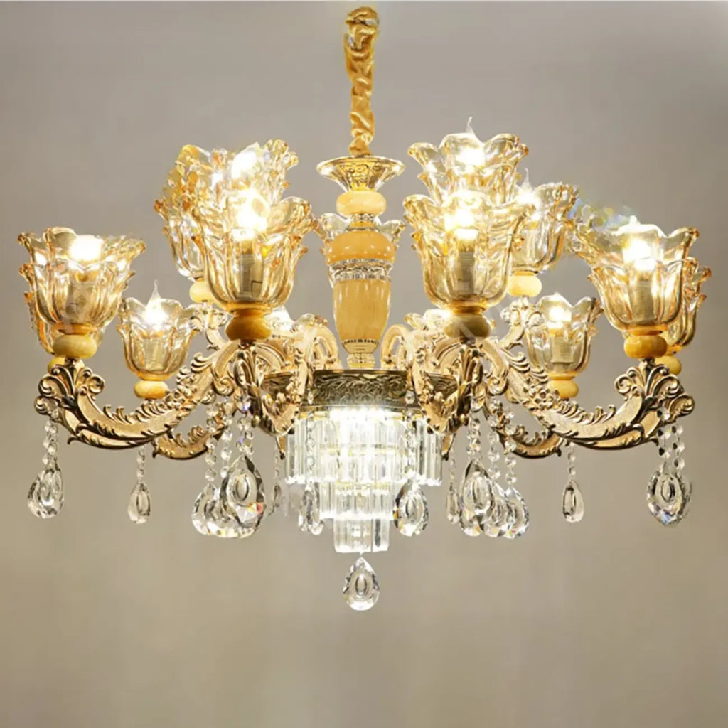 Lampadario regolabile di lusso a forma di fiore dorato con vetro trasparente