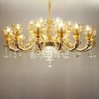 Lampadario regolabile di lusso a forma di fiore dorato con vetro trasparente