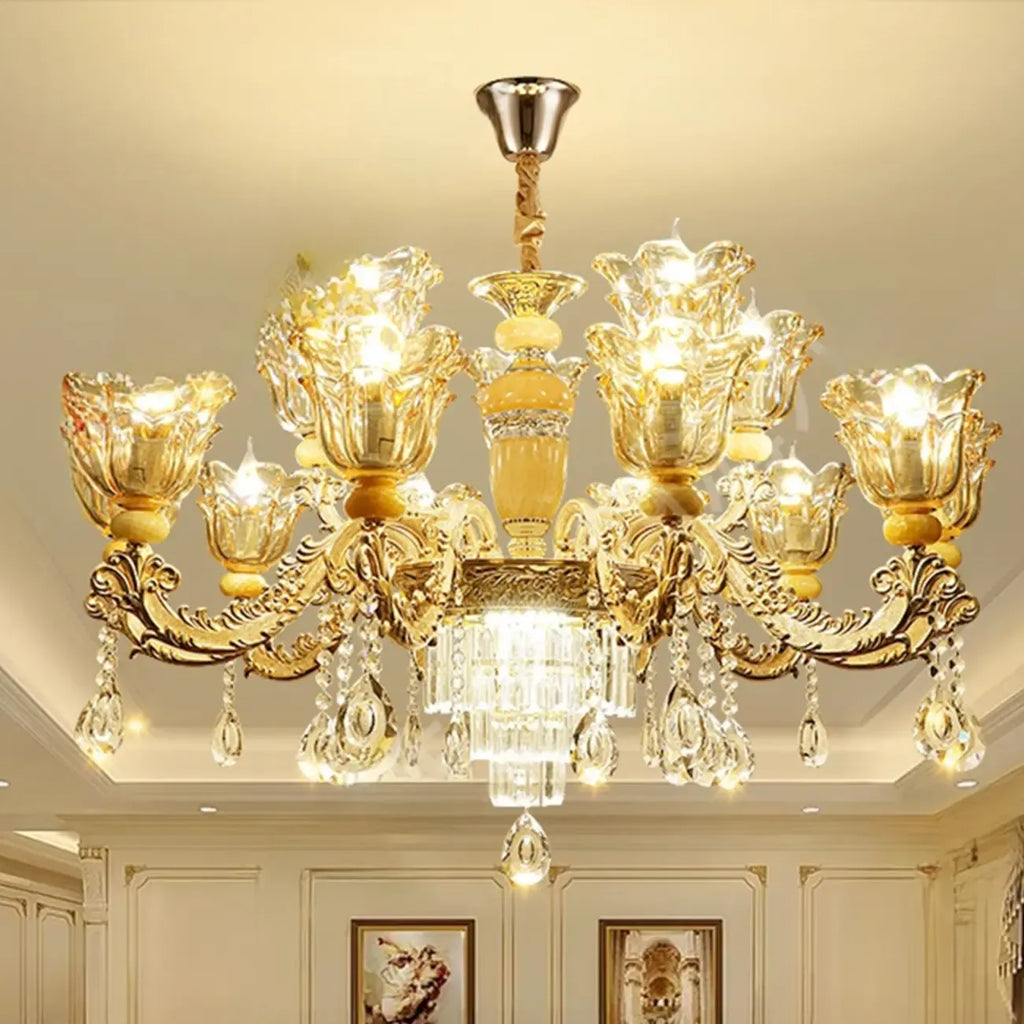 Lampadario regolabile di lusso a forma di fiore dorato con vetro trasparente