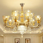 Lampadario regolabile di lusso a forma di fiore dorato con vetro trasparente