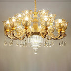 Lampadario regolabile di lusso a forma di fiore dorato con vetro trasparente