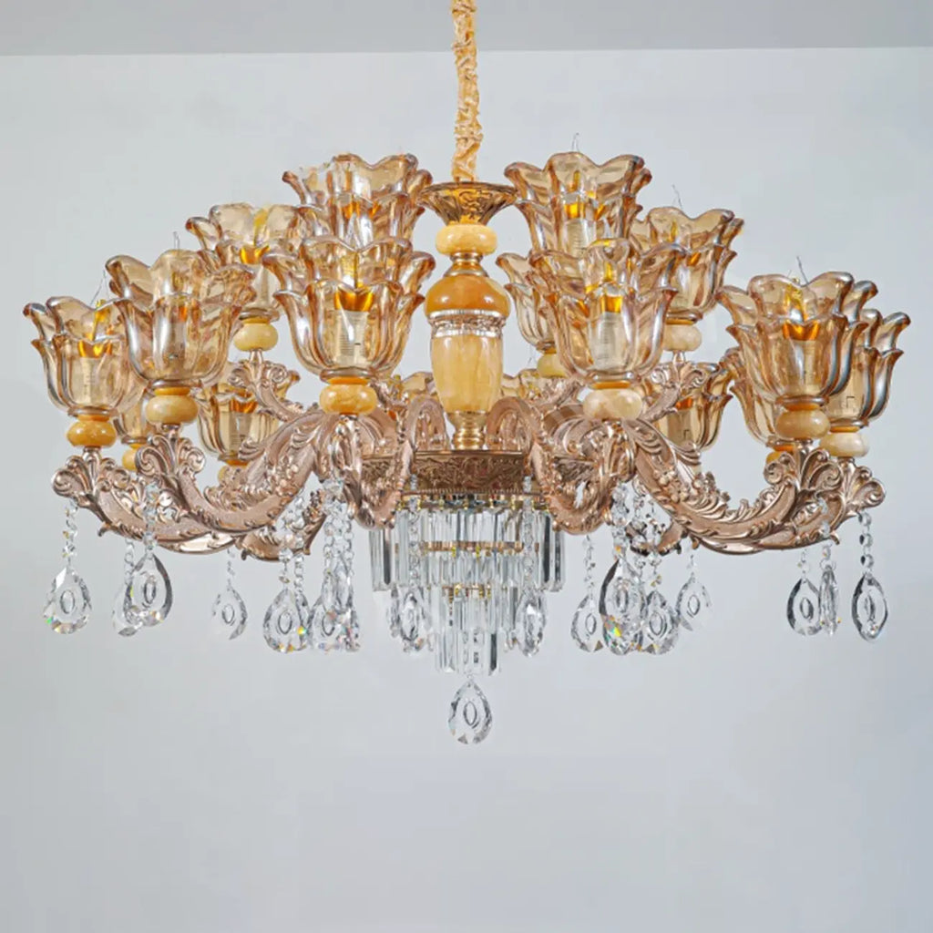 Lampadario regolabile di lusso a forma di fiore dorato con vetro trasparente