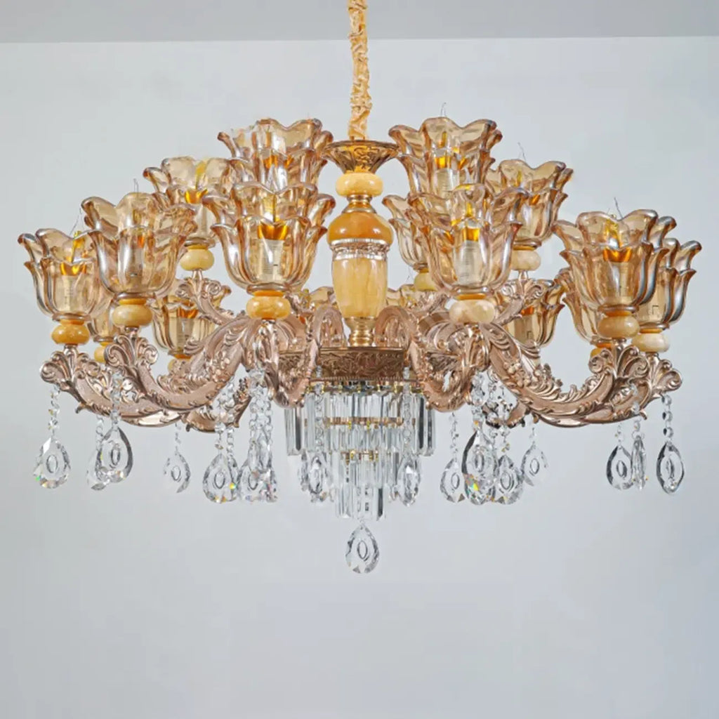 Lampadario regolabile di lusso a forma di fiore dorato con vetro trasparente