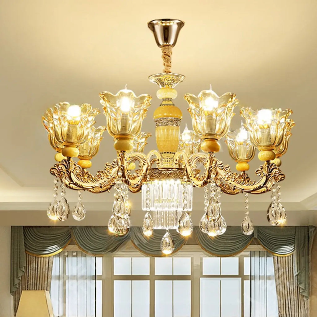 Lampadario regolabile di lusso a forma di fiore dorato con vetro trasparente