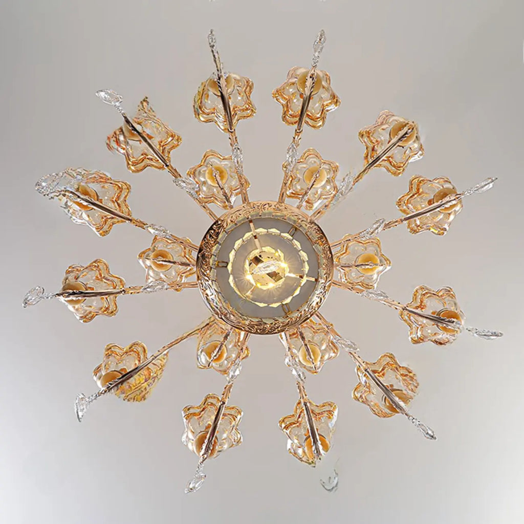 Lampadario regolabile di lusso a forma di fiore dorato con vetro trasparente