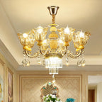 Lampadario regolabile di lusso a forma di fiore dorato con vetro trasparente