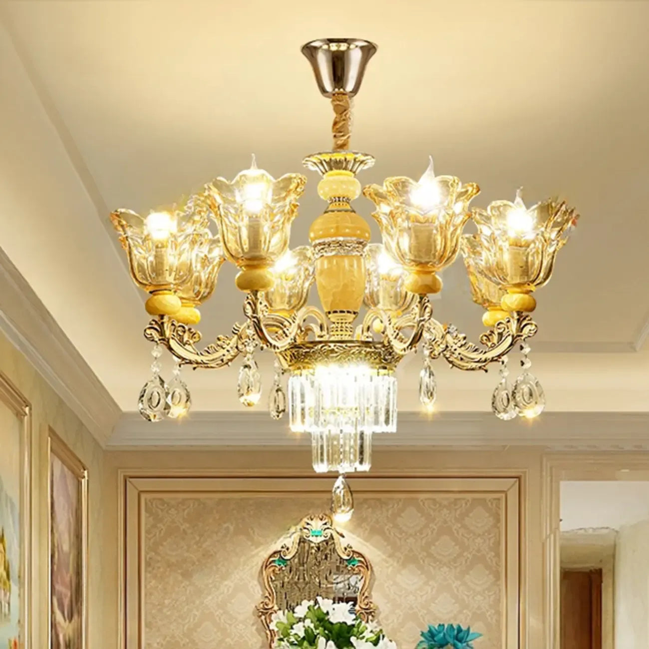 Lampadario regolabile di lusso a forma di fiore dorato con vetro trasparente