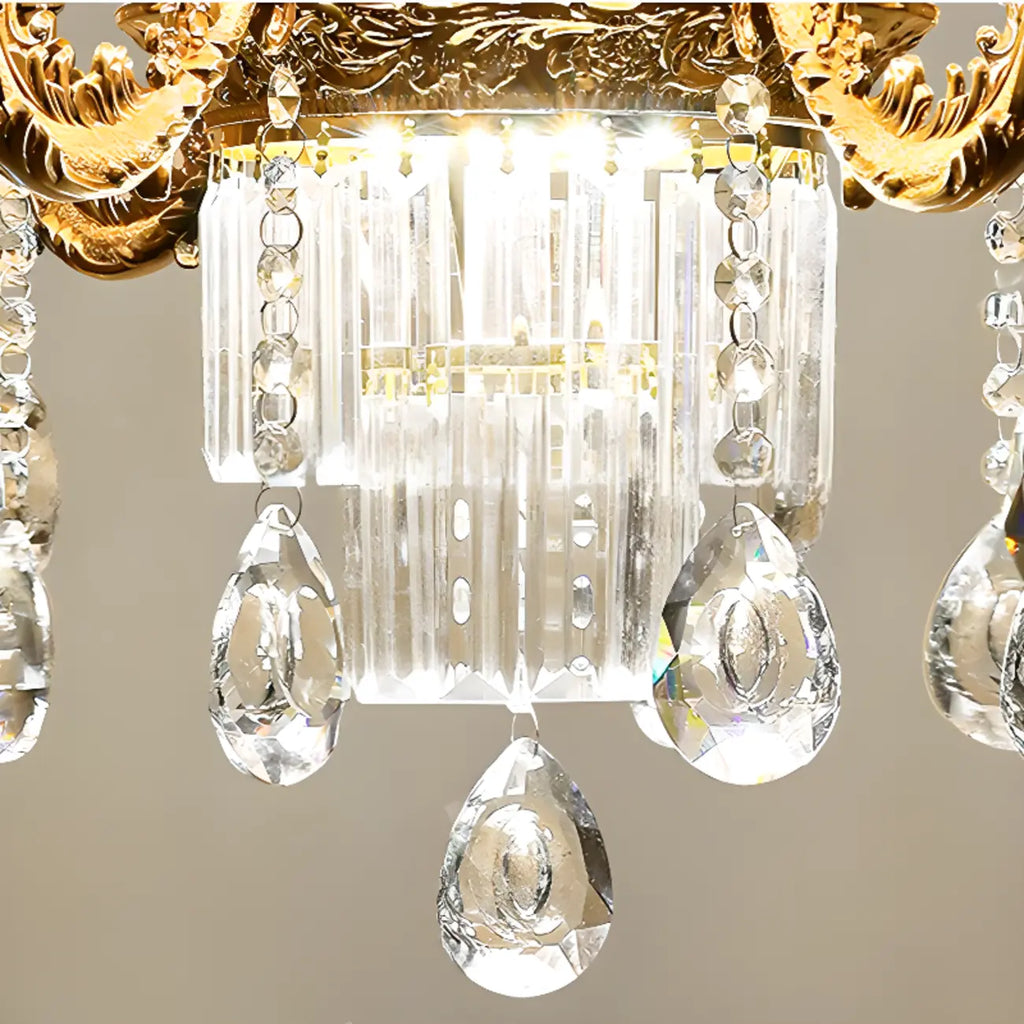 Lampadario regolabile di lusso a forma di fiore dorato con vetro trasparente