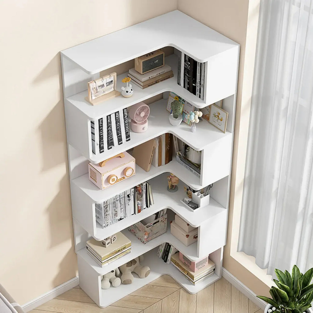 Bibliothèque d'angle en bois blanc irrégulier en forme de L, à dos ouvert