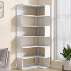 Bibliothèque d'angle en bois blanc irrégulier en forme de L, à dos ouvert
