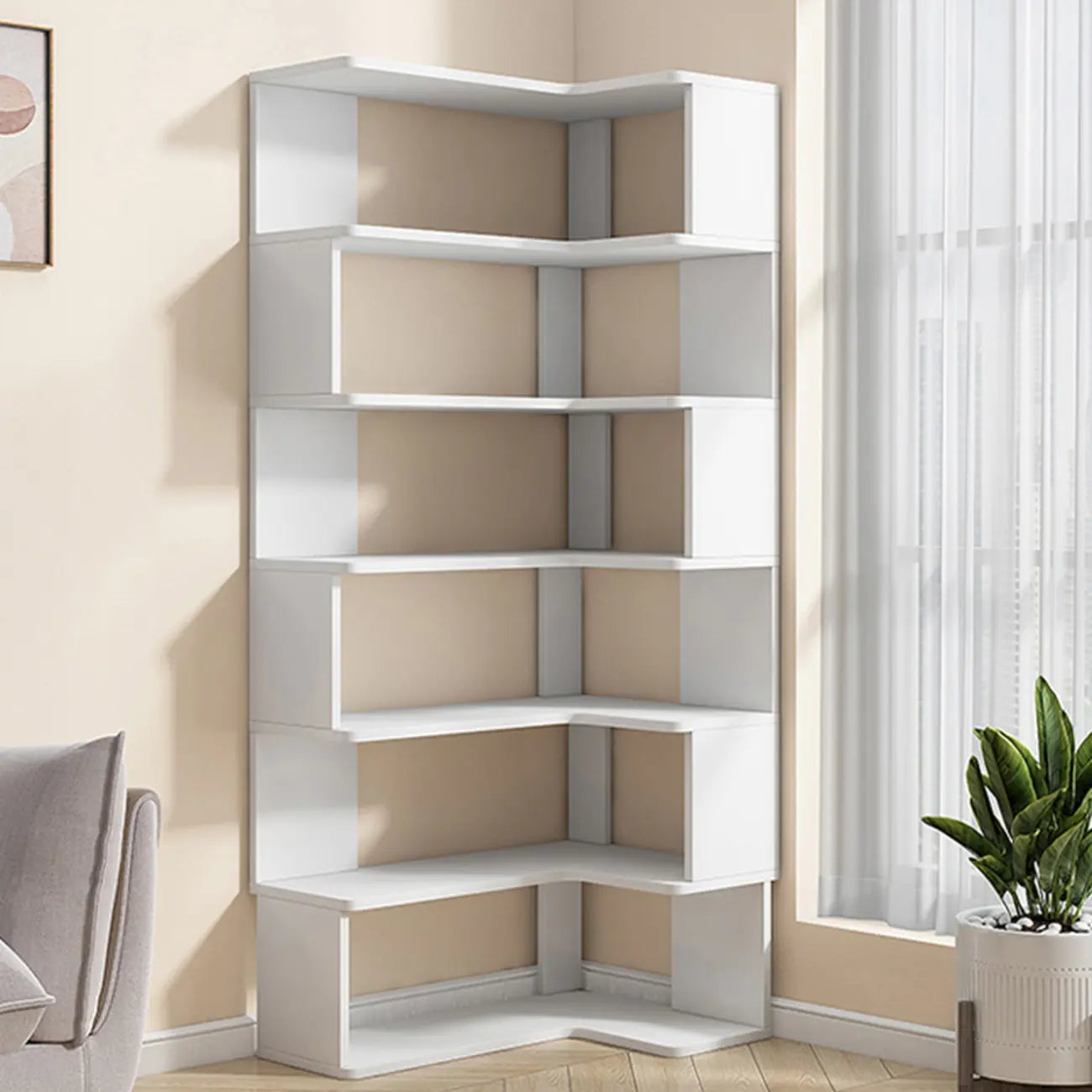 Bibliothèque d'angle en bois blanc irrégulier en forme de L, à dos ouvert