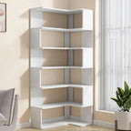 Bibliothèque d'angle en bois blanc irrégulier en forme de L, à dos ouvert