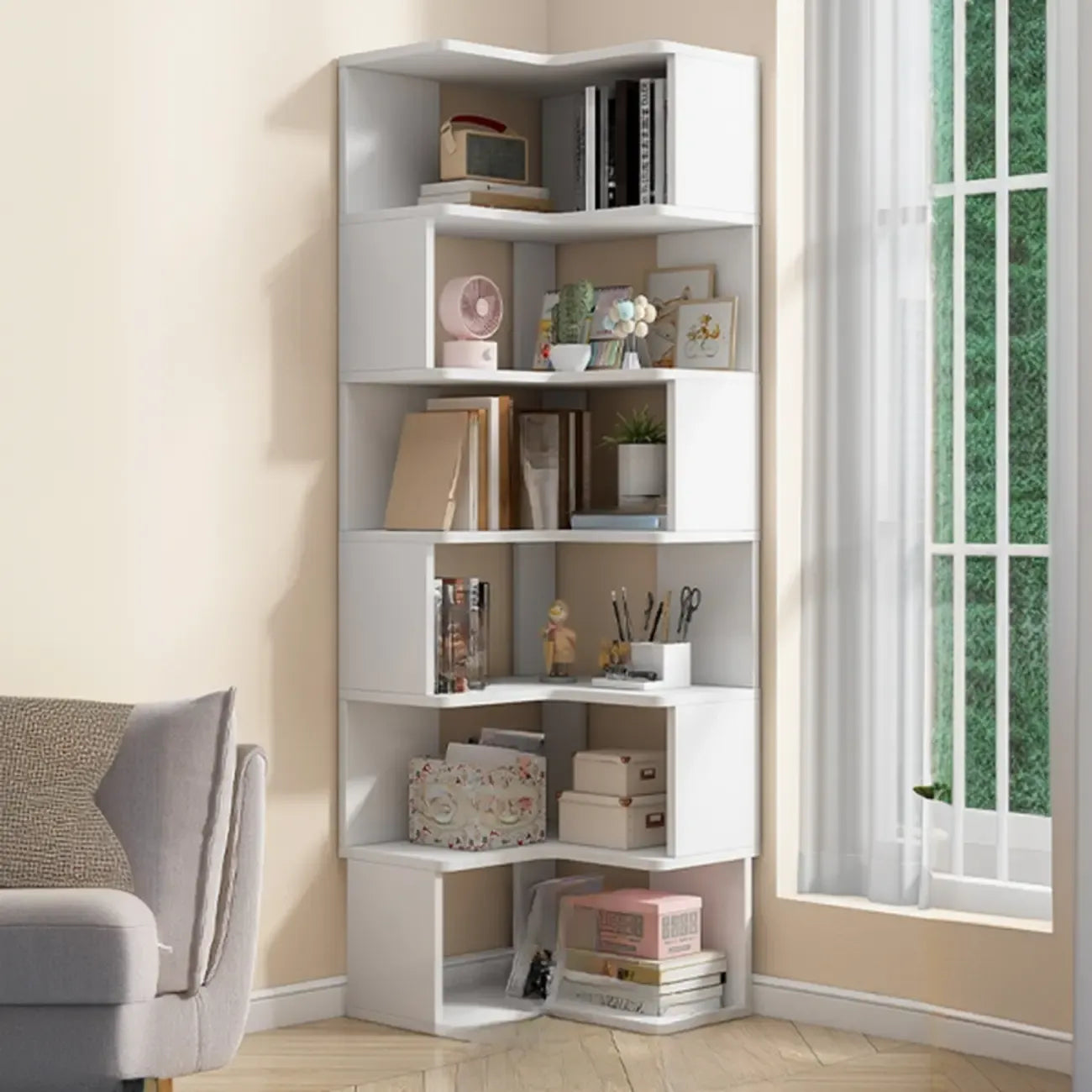 Bibliothèque d'angle en bois blanc irrégulier en forme de L, à dos ouvert