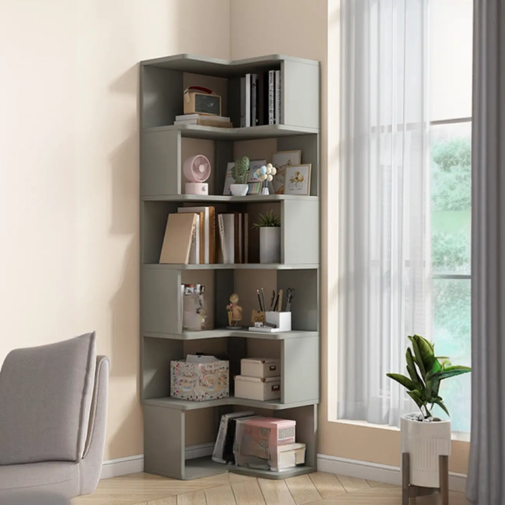 Bibliothèque d'angle en bois blanc irrégulier en forme de L, à dos ouvert