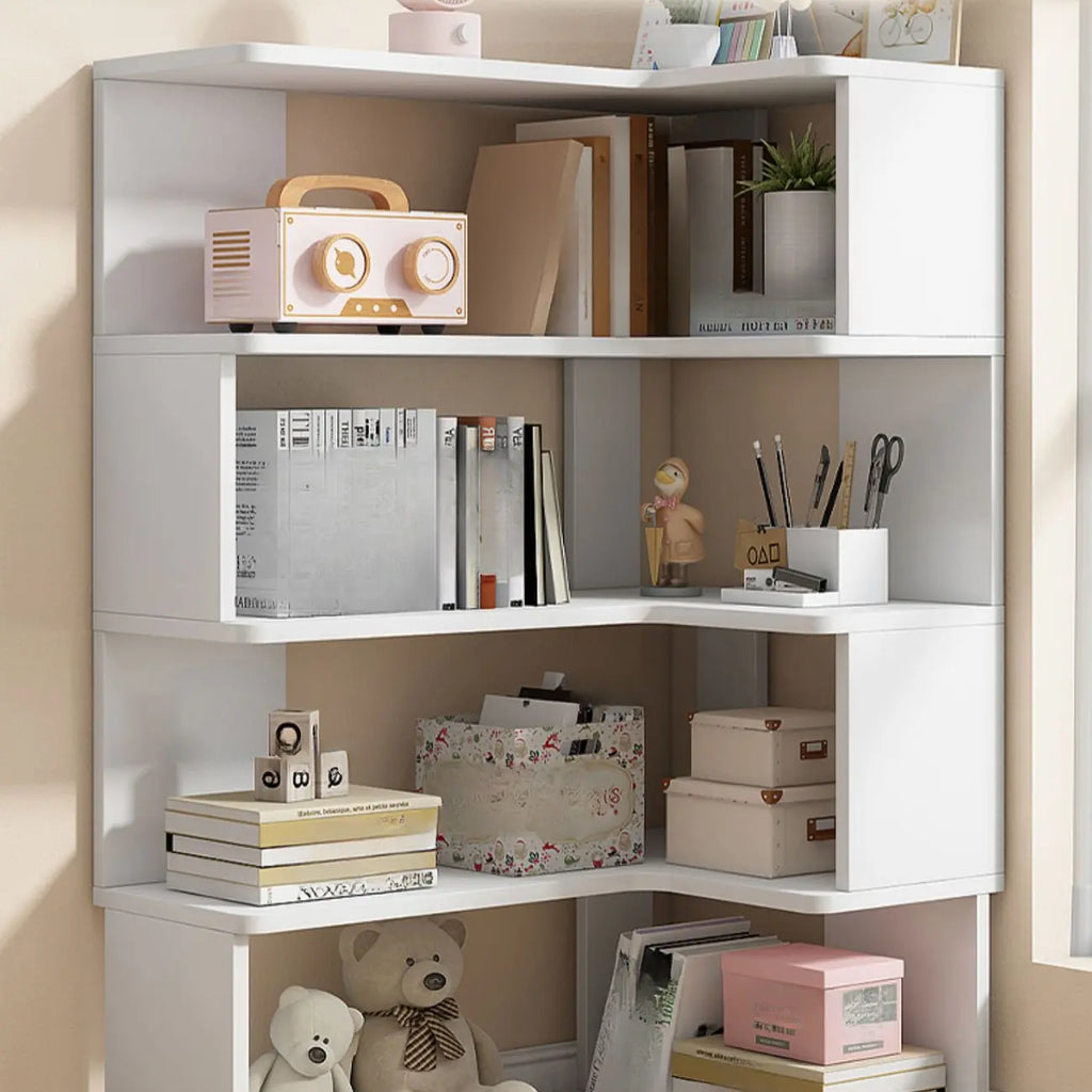 Bibliothèque d'angle en bois blanc irrégulier en forme de L, à dos ouvert