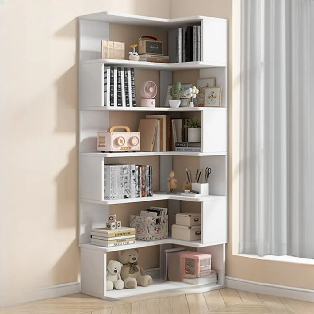 Bibliothèque d'angle en bois blanc irrégulier en forme de L, à dos ouvert