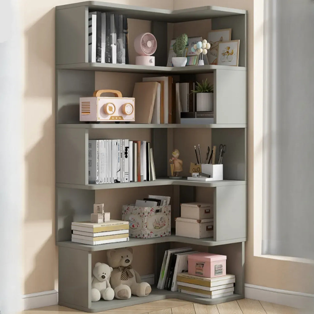 Bibliothèque d'angle en bois blanc irrégulier en forme de L, à dos ouvert