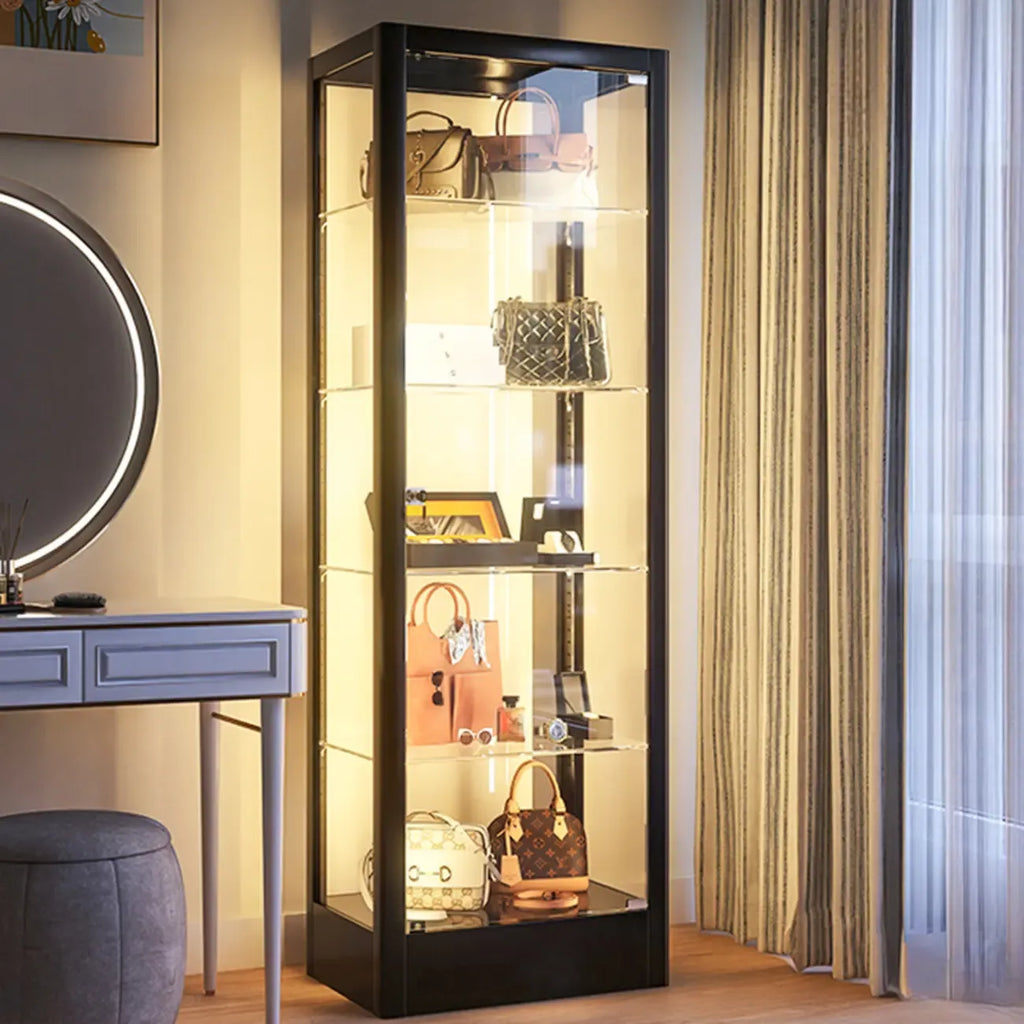 Vitrine fermée en métal noir à 5 étagères avec éclairage
