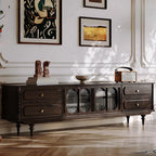 Meuble TV de rangement long et moderne en bois marron avec portes vitrées