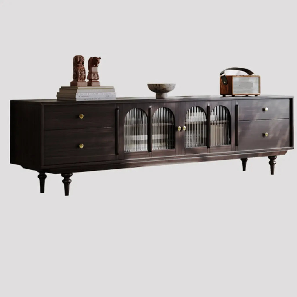 Meuble TV de rangement long et moderne en bois marron avec portes vitrées