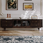 Meuble TV de rangement long et moderne en bois marron avec portes vitrées