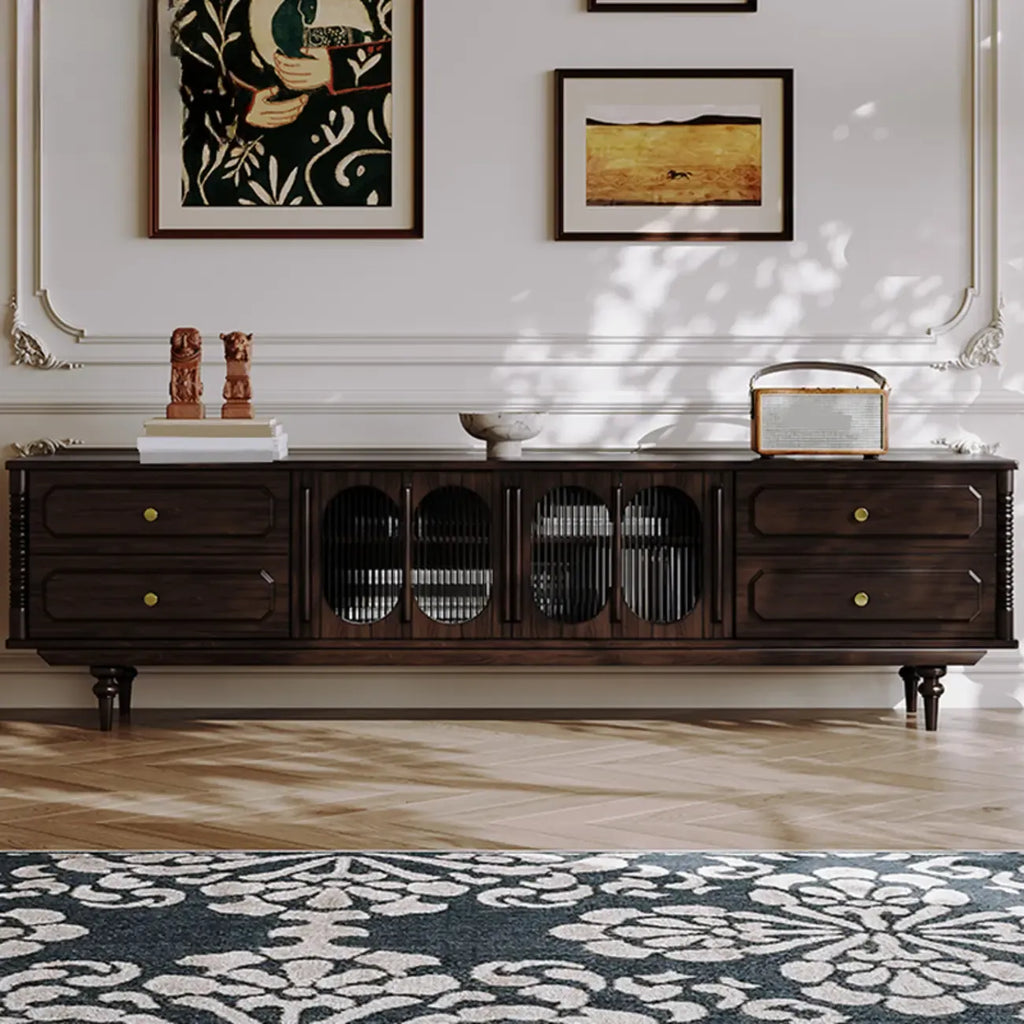 Meuble TV de rangement long et moderne en bois marron avec portes vitrées