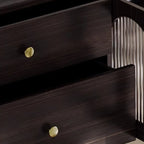Meuble TV de rangement long et moderne en bois marron avec portes vitrées