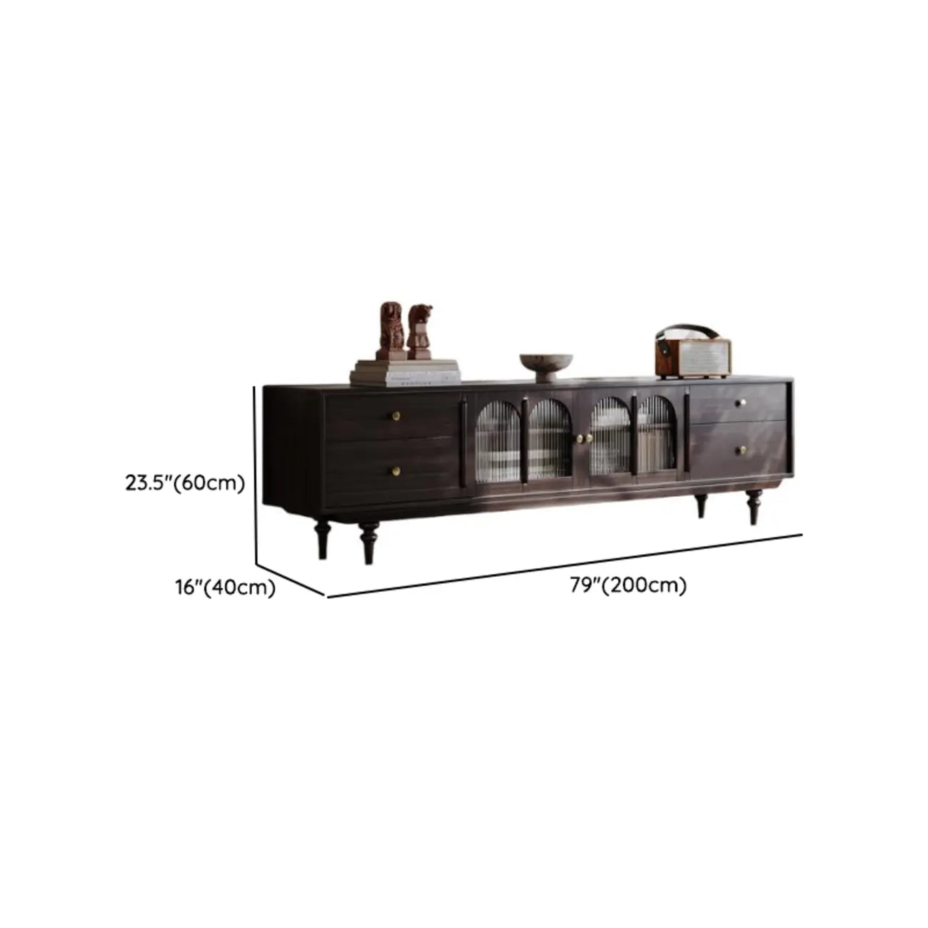 Meuble TV de rangement long et moderne en bois marron avec portes vitrées