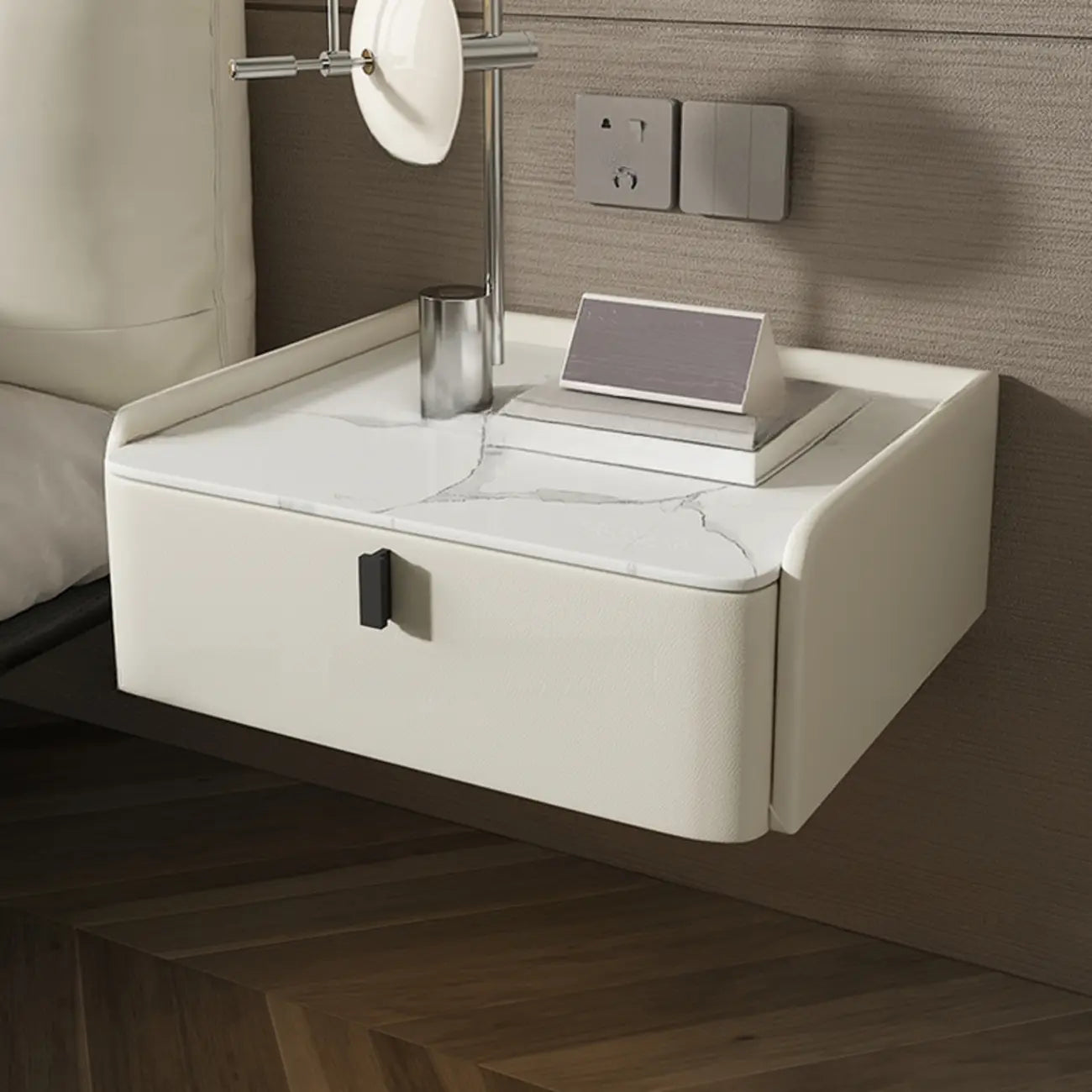Table de chevet murale minimaliste en bois avec plateau en pierre blanche