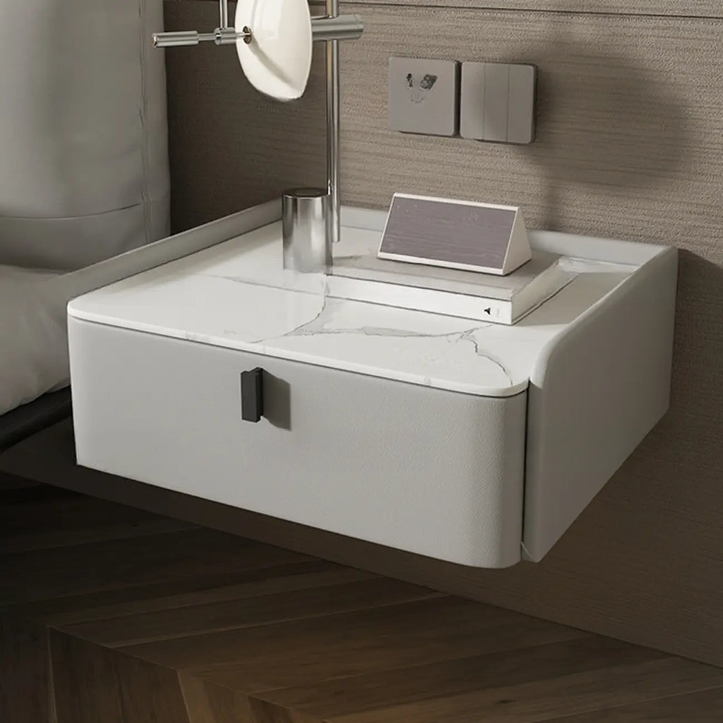 Table de chevet murale minimaliste en bois avec plateau en pierre blanche