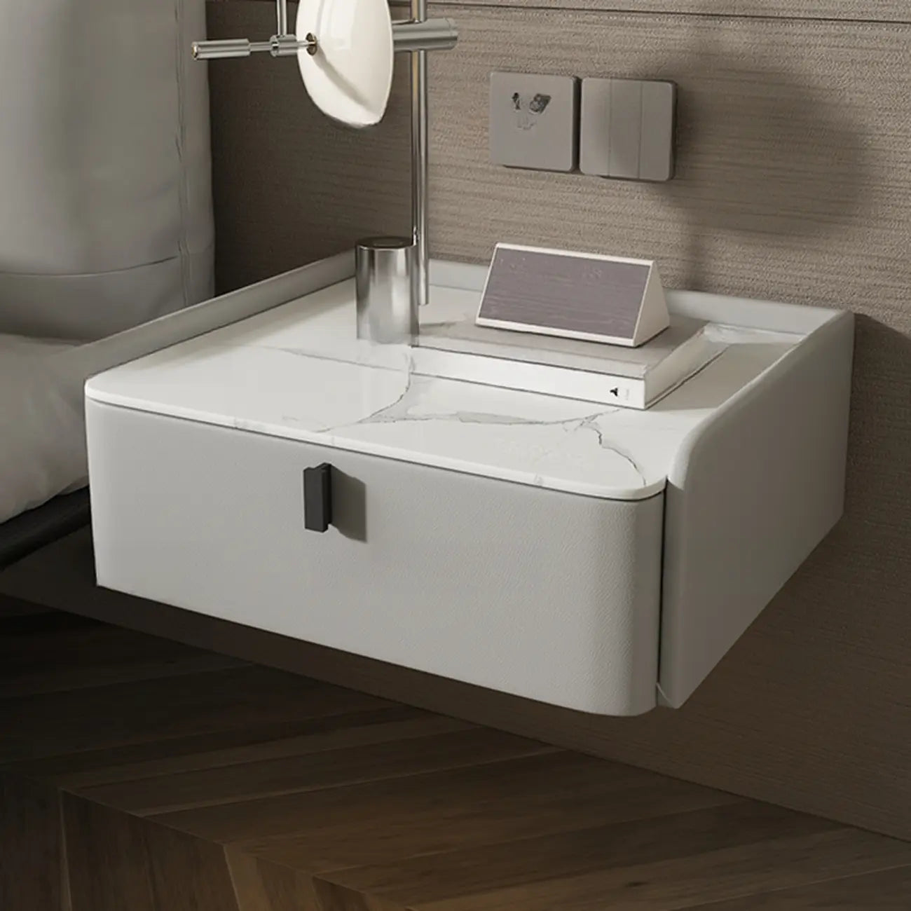 Table de chevet murale minimaliste en bois avec plateau en pierre blanche