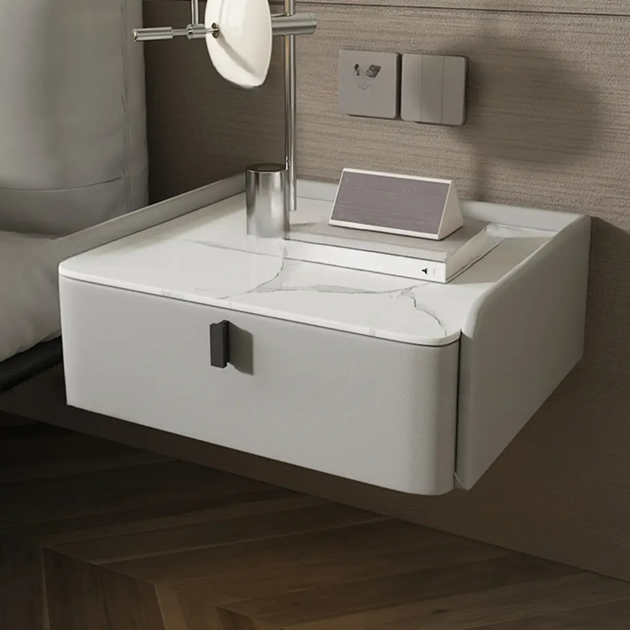 Table de chevet murale minimaliste en bois avec plateau en pierre blanche