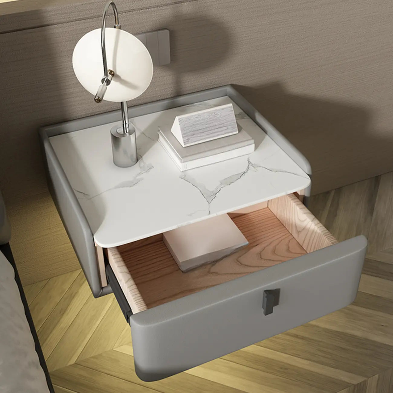 Table de chevet murale minimaliste en bois avec plateau en pierre blanche