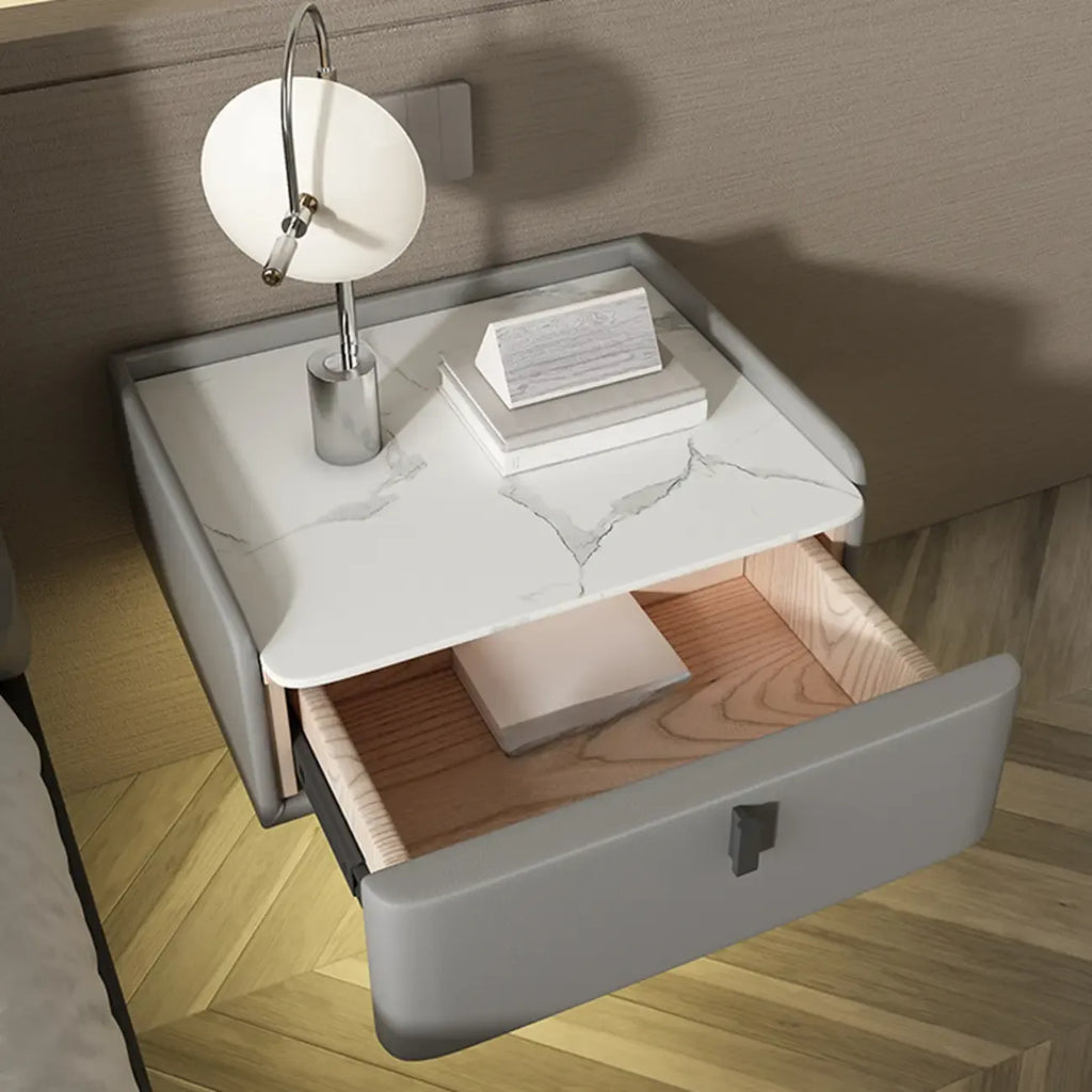 Table de chevet murale minimaliste en bois avec plateau en pierre blanche