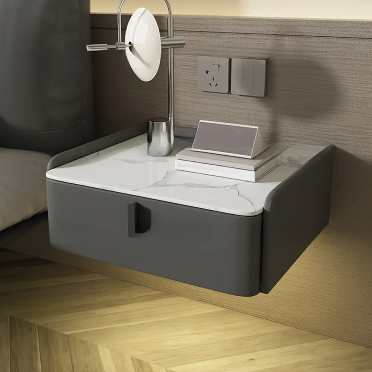 Table de chevet murale minimaliste en bois avec plateau en pierre blanche