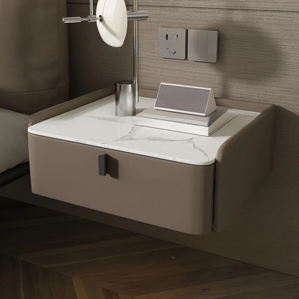 Table de chevet murale minimaliste en bois avec plateau en pierre blanche
