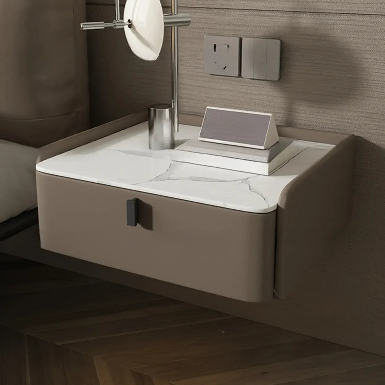 Table de chevet murale minimaliste en bois avec plateau en pierre blanche