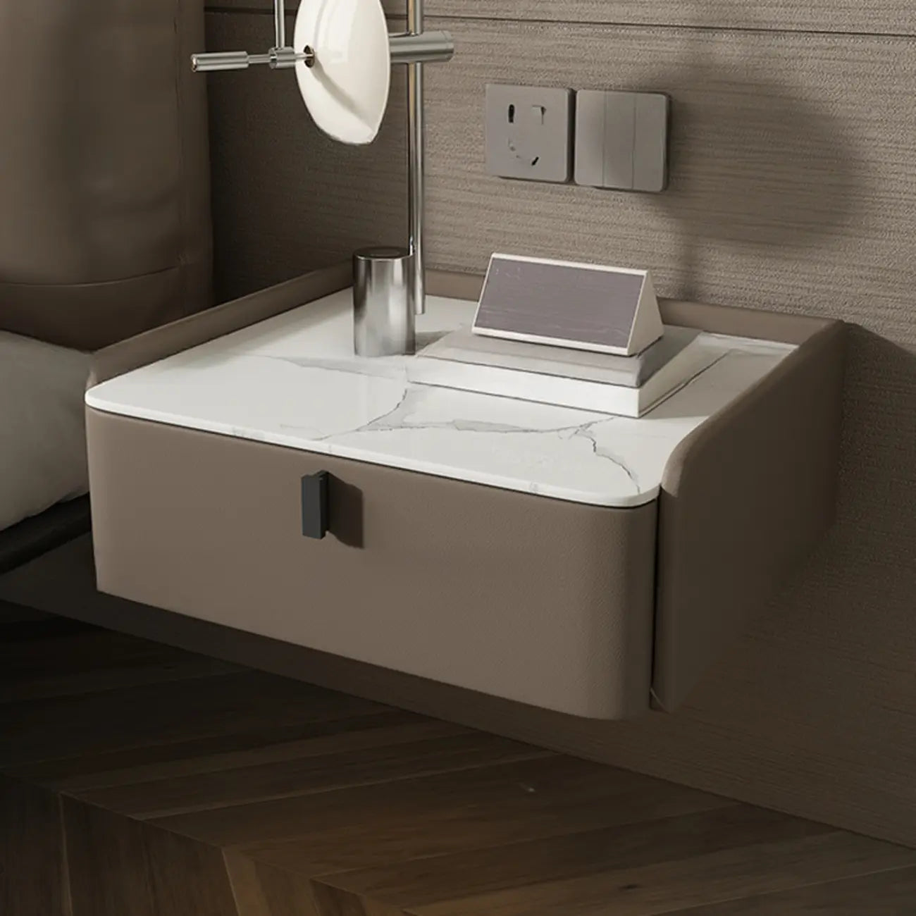 Table de chevet murale minimaliste en bois avec plateau en pierre blanche