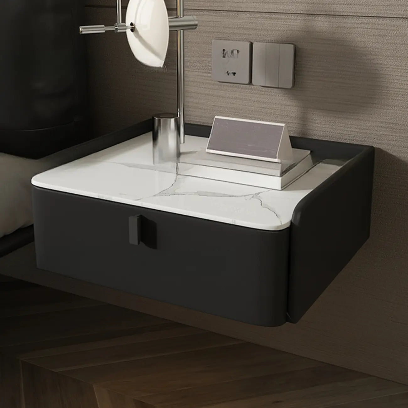 Table de chevet murale minimaliste en bois avec plateau en pierre blanche