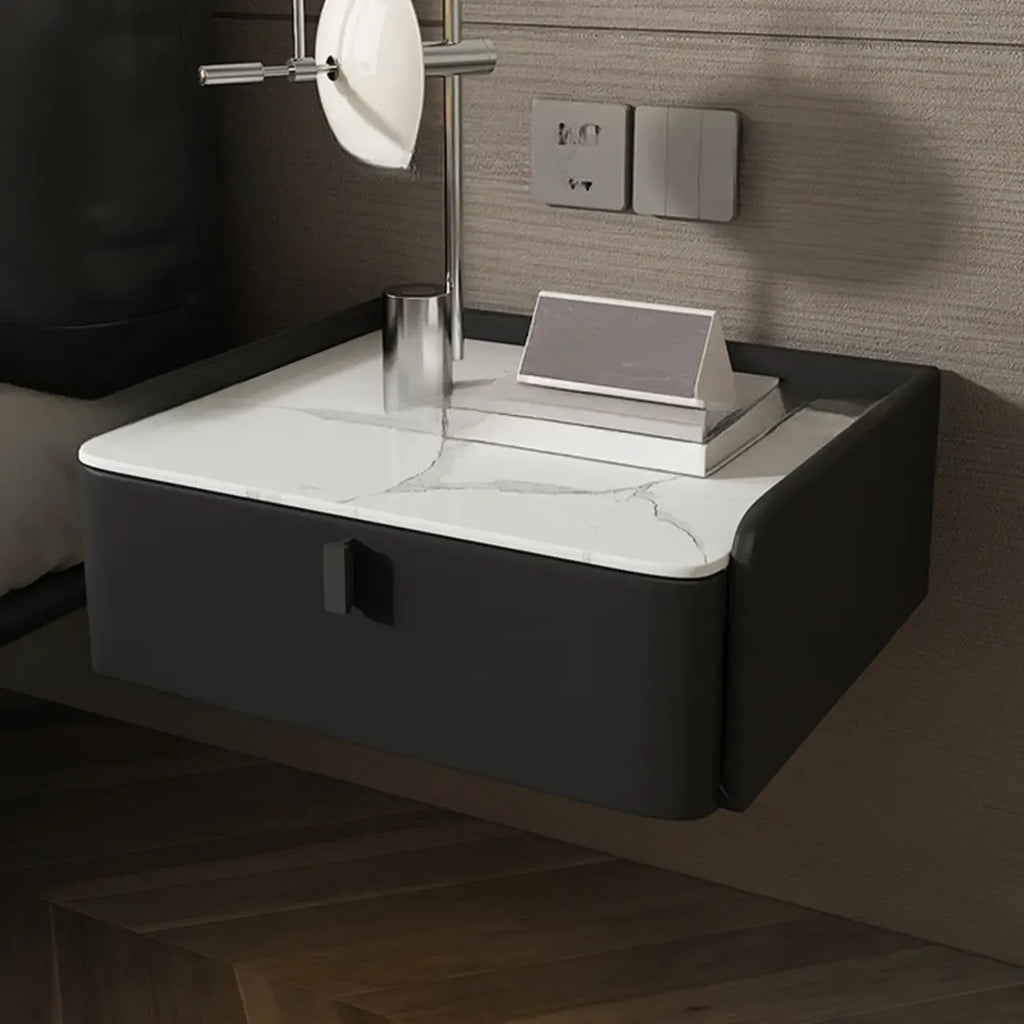 Table de chevet murale minimaliste en bois avec plateau en pierre blanche